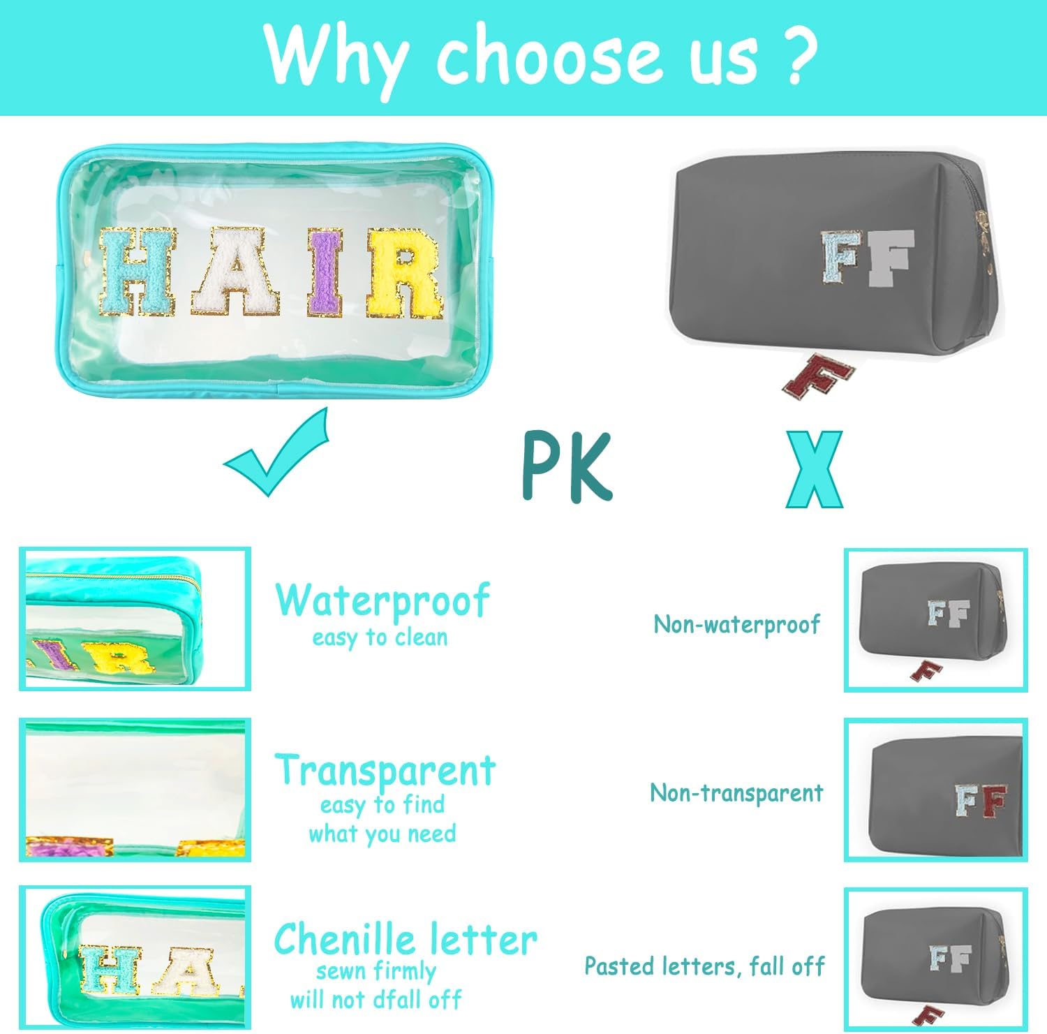 Chenille Letter Clear Makeup Bag Stuff Patch, Travel Toiletry Makeup Bag with Handle, Nylon Waterproof Makeup Bags clear cosmetic bag, preppy patch makeup bag for Women (STUFF-Mint Green)