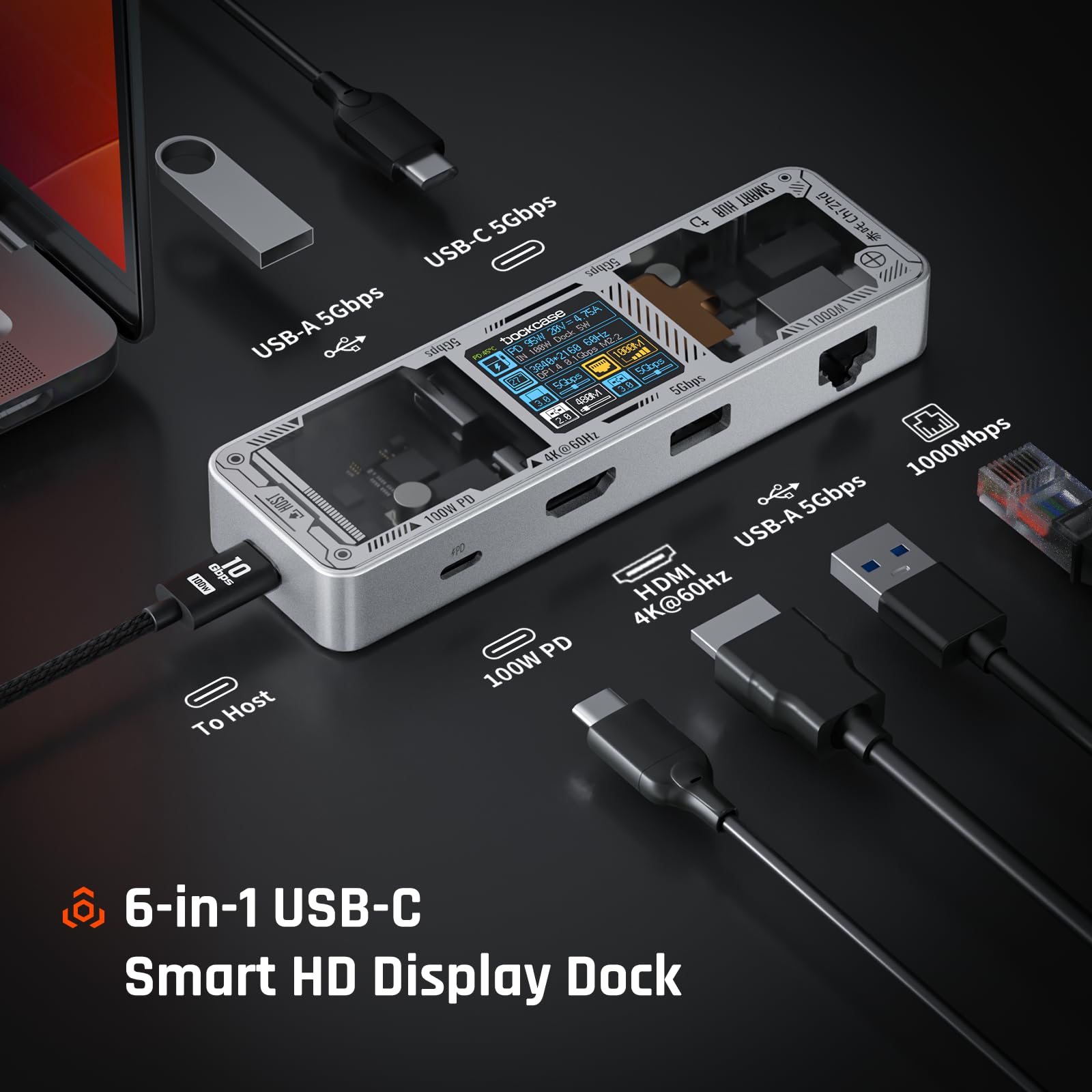 DOCKCASE Smart Hub USB C 6 en 1 Édition Explorer - Station d'Accueil HDMI 4k@60hz, PD 3.0 100w, Gigabit Ethernet, 2 USB-A 5 Gbps - Pour MacBook Air/Pro, XPS, etc - Argent