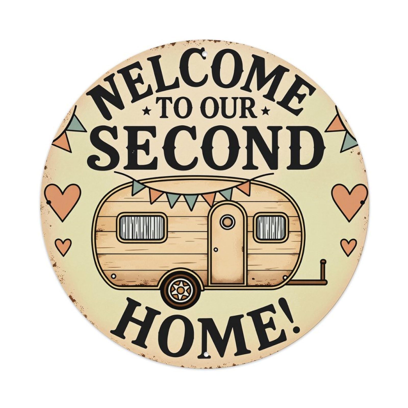 Retro Camper Welcome Sign Pattern Vintage Metal Tin Sign Retro Wall Decor for Home Bar Garage Cafe, Indoor & Outdoor Decorative，circle Metal Poster, 8x8 Inch