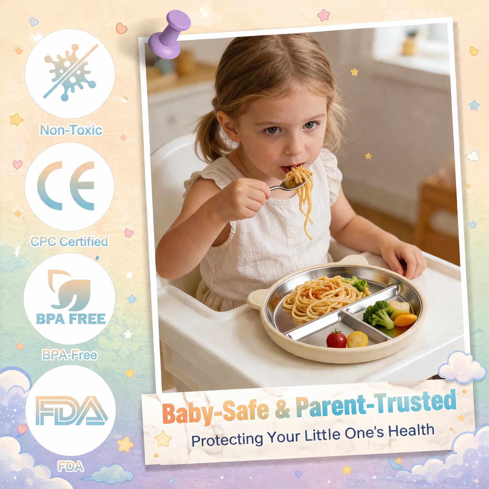 2 piatti per bambini in acciaio inox con ventosa, a prova di caduta, con custodia in silicone rimovibile, lavabili in lavastoviglie