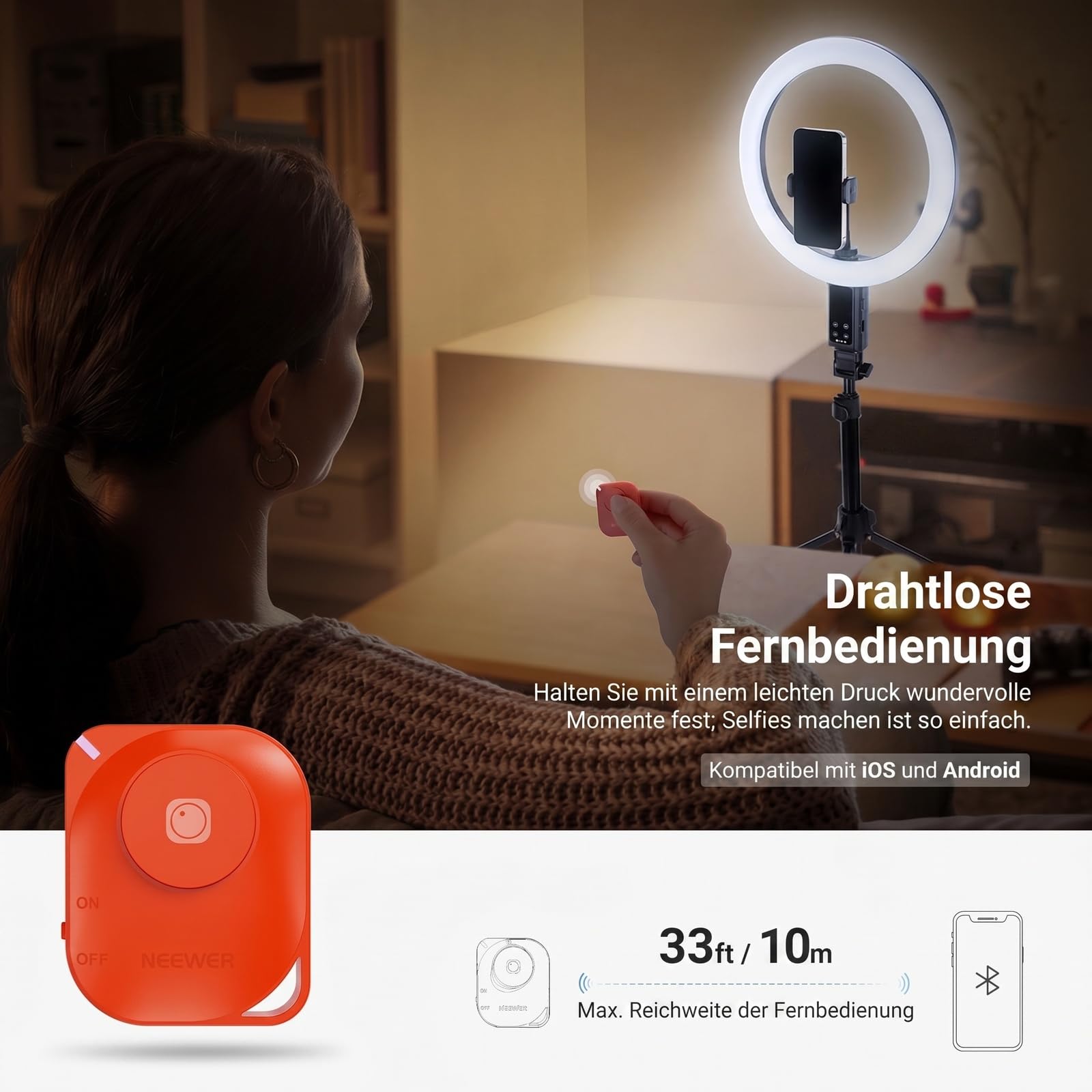 NEEWER 12" Selfie Ringlicht mit App Steuerung/Fernbedienung/Stativ, 3200mAh, zweifarbige LED, CRI 95, 2900K–7000K, Ring Light kreisförmige Leuchte, kompatibel mit iPhone, Vlog, Makeup, Studio, RB12B
