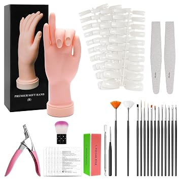 Coitak Practice Hand for Acrylic Nails, Flexible Fake Hands, Manicure Training Hand Nail Kit for Beginners, Nail Practice Hand with 200PCS Nail Tips, Nail Glue Stickers, Brush and Clipper