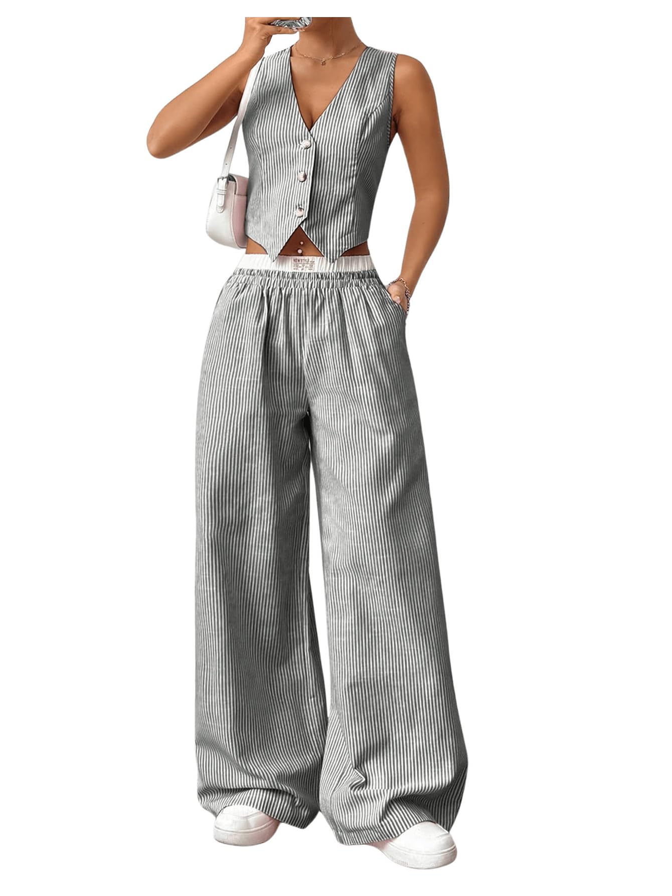 milumia Women's 2 Pcs Outfits Striped V Neck Button Blazer Vest Pants Tracksuit-picture-28