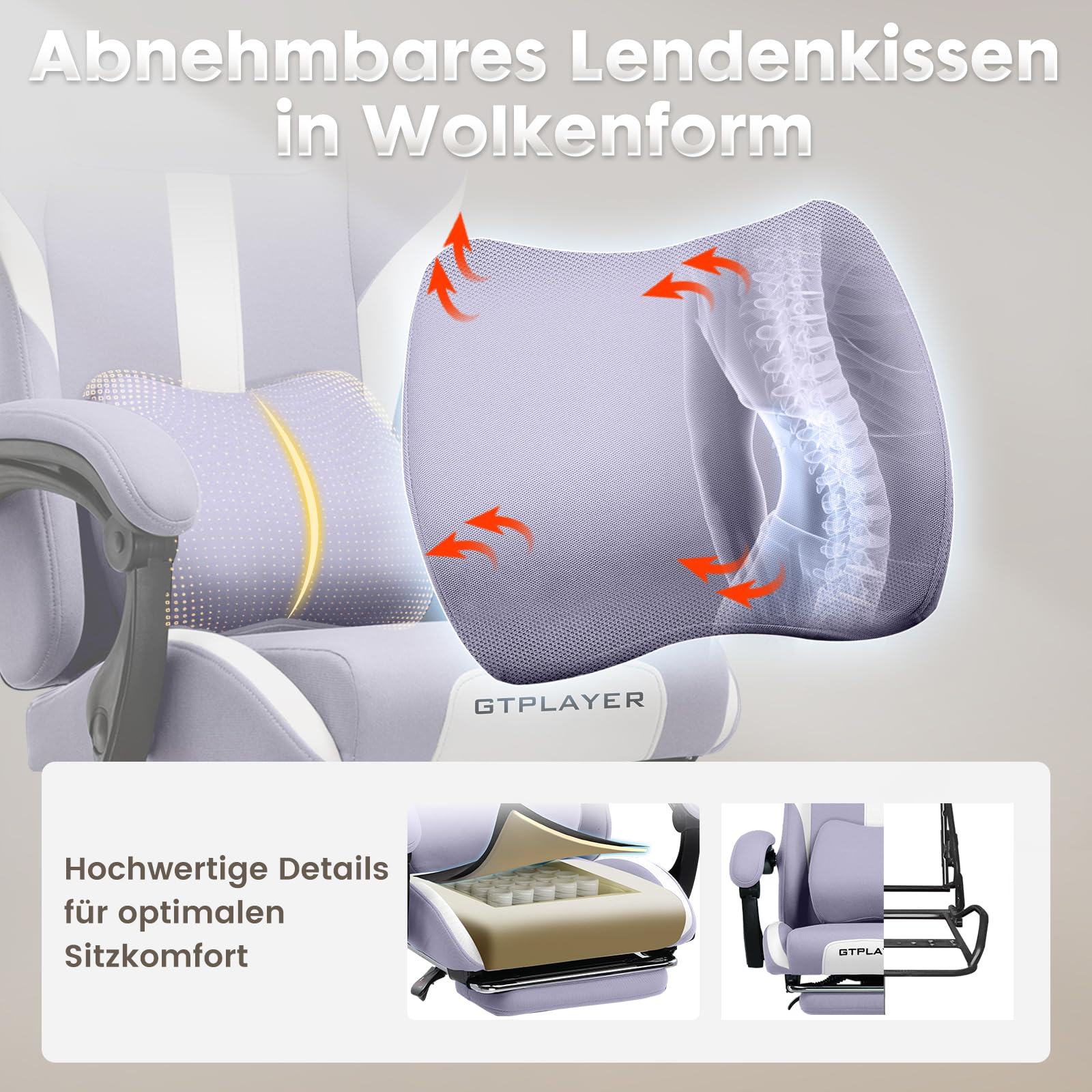 GTPLAYER Gaming Stuhl Bürostuhl Ergonomisch Gaming Sessel mit Kopfstütze und Cloud-Lendenkissen, Gepolstert Gaming Chair mit Fußstütze, Drehsessel,150kg Kapazität, Lila
