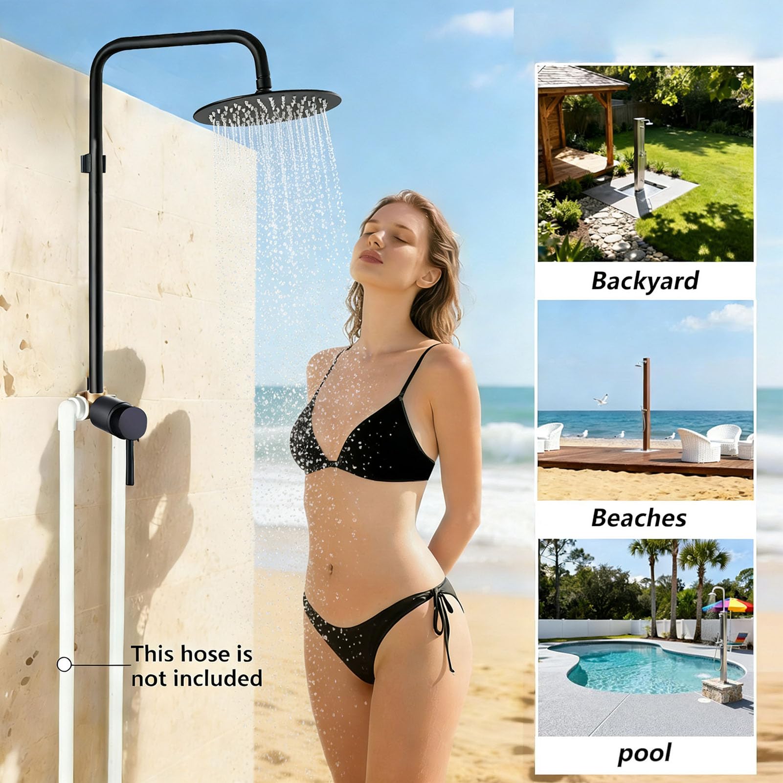 Ejoyous Kit de Ducha Exterior Fabricado en Acero Inoxidable 304 con Rociador Tipo Lluvia y Grifo para Piscina y Playa