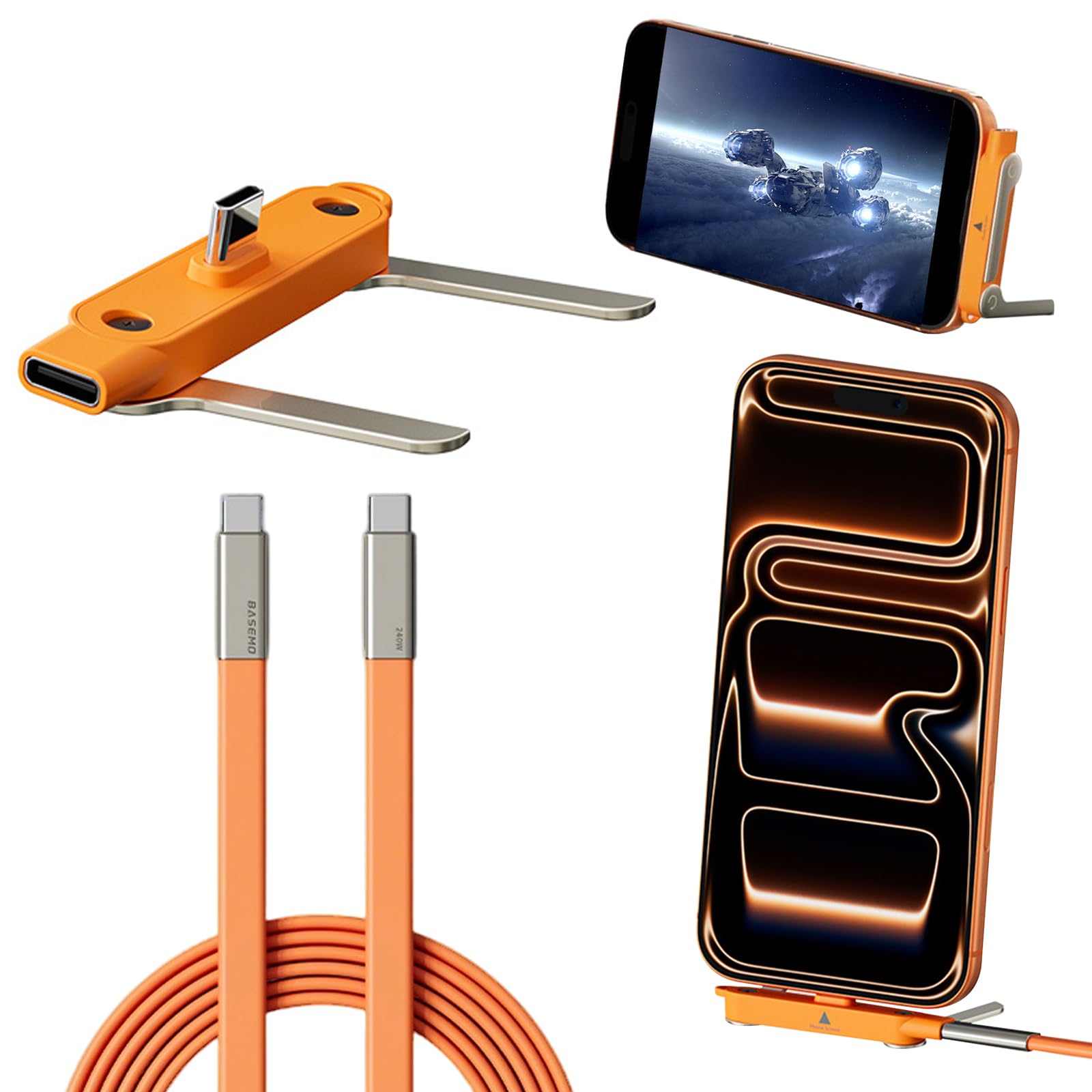 Caricatore invisibile 2in1 per telefono, Telefono Laterale 240W Cavo Ricarica Rapida Tipo C con supporto per telephone integrato,per smartphone, tablet, giochi e ufficio(Set di cavi dati arancione)