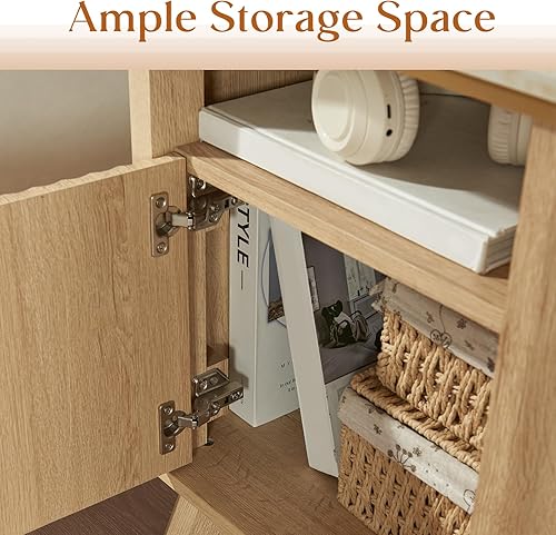 Miniatura 5 de QUW Mesita de noche acanalada con estación de carga, mesita de noche con almacenamiento abierto y gabinete, mesa auxiliar moderna de 18 pulgadas,