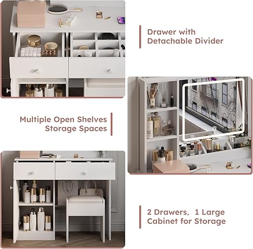 Miniatura 5 de Escritorio de tocador de maquillaje con espejo iluminado y toma de corriente, tocador con gran espacio de almacenamiento y taburete acolchado para