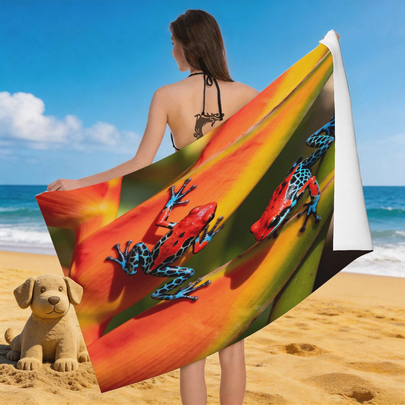 Leichong 3D Poison Dart Frog Beach Towel Microfiber Soft Quick Dry for Adults, Tropical Frog Bath Towel Lightweight Soft Absorbent for Travel Swimming Pool Sports, 75 x 150 cm