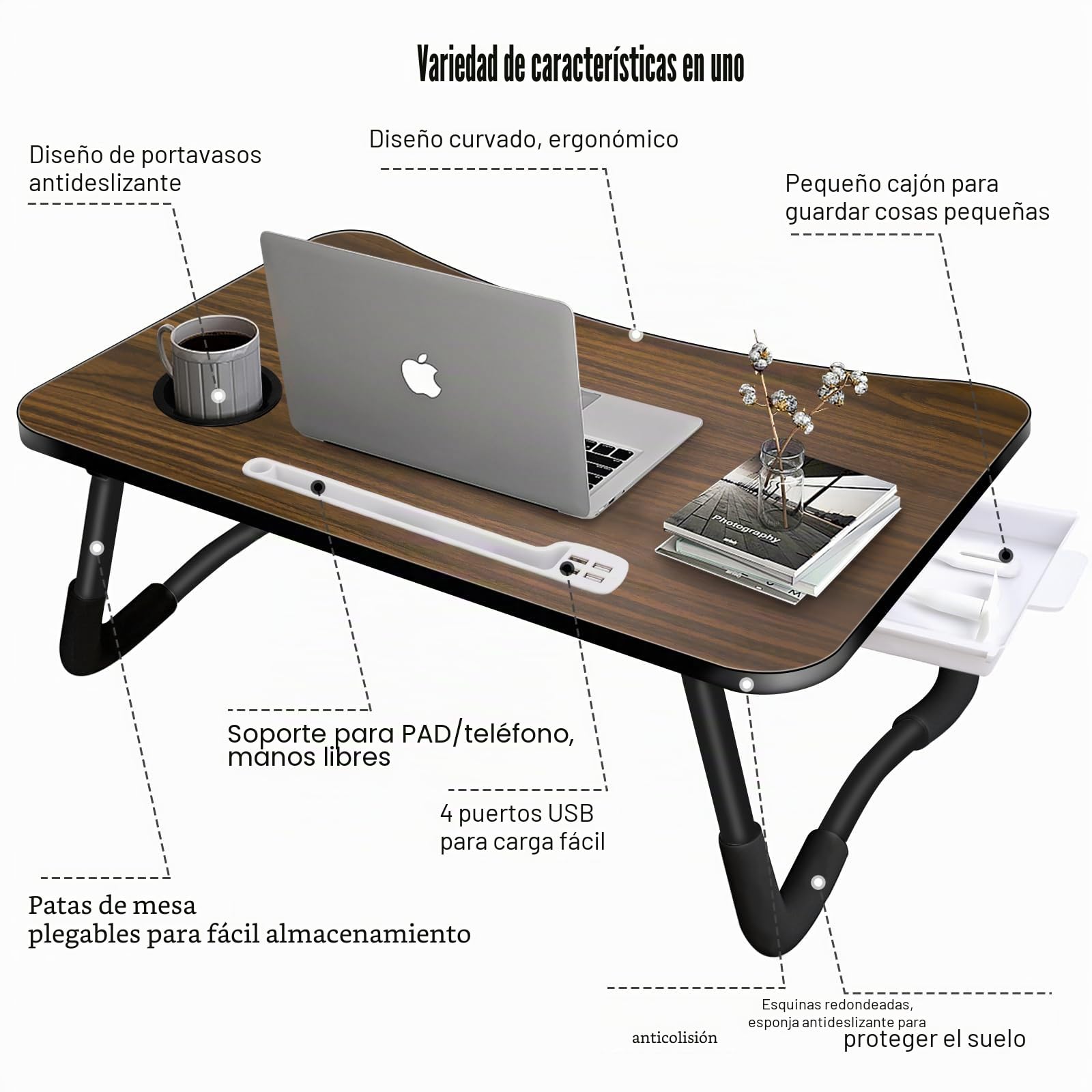 Mesa para Portatil Cama, Mesa Ordenador Plegable con 4 Puerto de Carga USB, Cajón, Ranura para Taza, Soporte para Tablet, Mesa para Cama, Sofa, Suelo (60x40cm, Marrón)