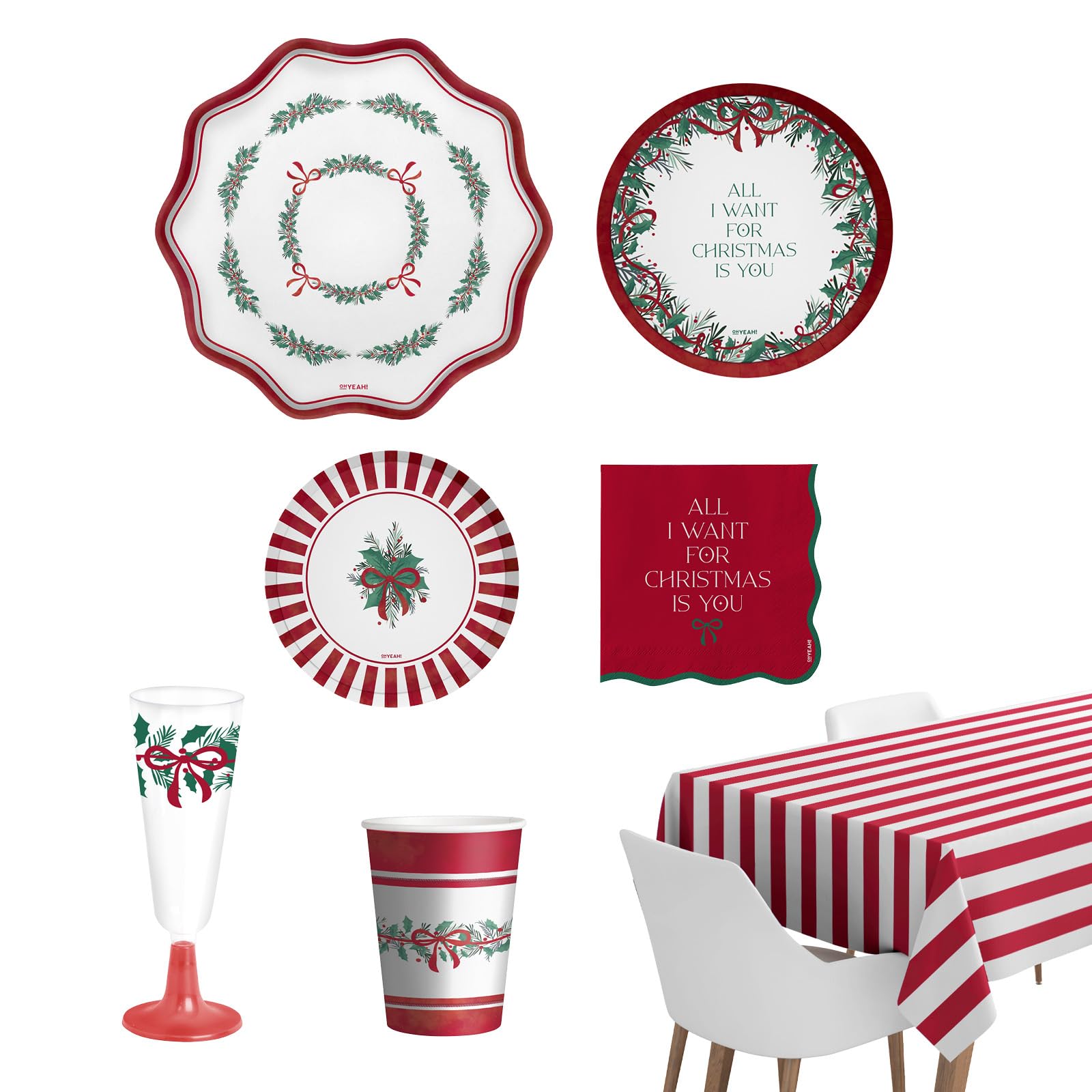 OH YEAH - Kit Vajilla Navidad 12 Personas All I Want - 72 Piezas - Platos, Vasos, y Servilletas Desechables - Temática Navideña - Cenas Navideñas, Reuniones Familiares y Fiestas de Fin de Año