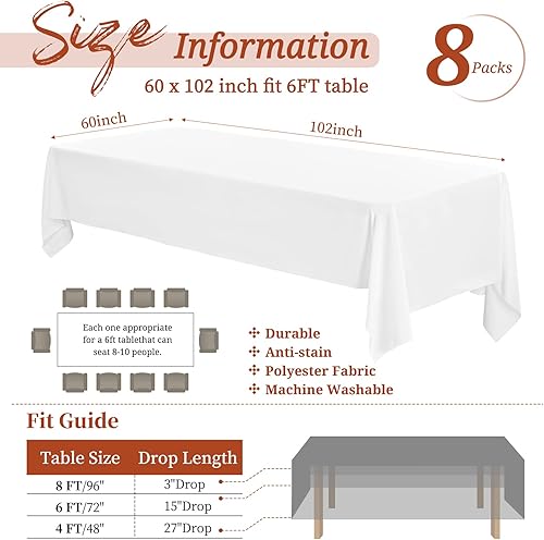 Miniatura 478 de Paquete de 8 manteles redondos blancos de 90 pulgadas, manteles redondos de poliéster lavables para mesa de tela decorativa resistente a