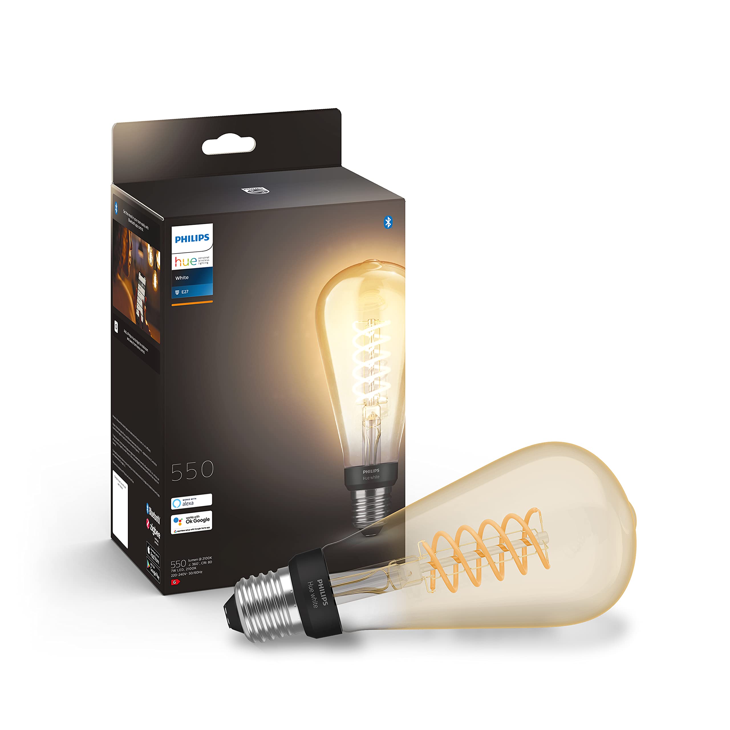 Philips Hue Vorteilspaket - E27 - mit 2 Filament Edison Glühbirnen Groß (ST72) - Warmweißes Licht - inkl. 1 Hue Dimmschalter - Hue White Filament