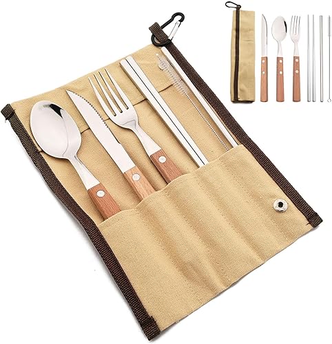 JASHII Juego de cubiertos reutilizables de viaje, juego de cubiertos de acero inoxidable 304 con mango de madera, palillos y pajitas con diseño de