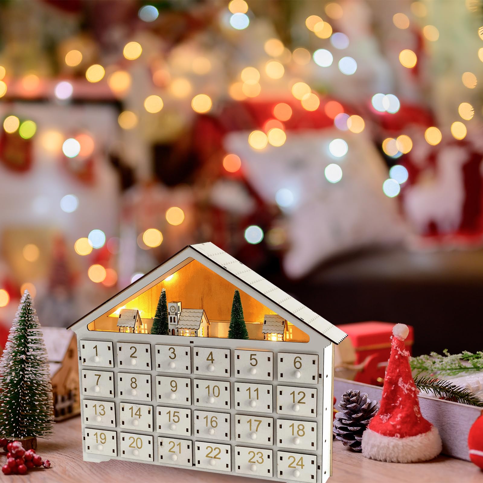 Llena tu propio calendario de adviento, calendario de adviento de madera con 24 cajones y luces LED reutilizables vacías para llenarte para decoraciones navideñas sin batería, adornos de Navidad