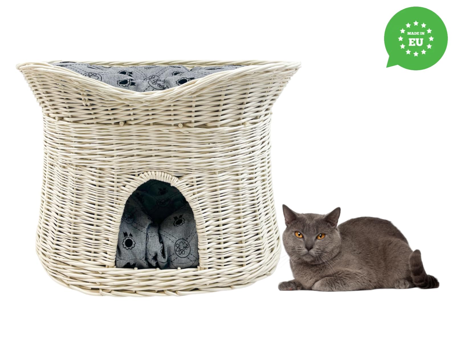 Katzenkorb zum Schlafen – Katzenhütte Indoor – Größe L: 60 cm oval – Katzenhöhle aus Weide – Zweistöckiger Hunde – oder Katzenbett mit waschbaren Kissen in Graue – Weiße korbfarbe