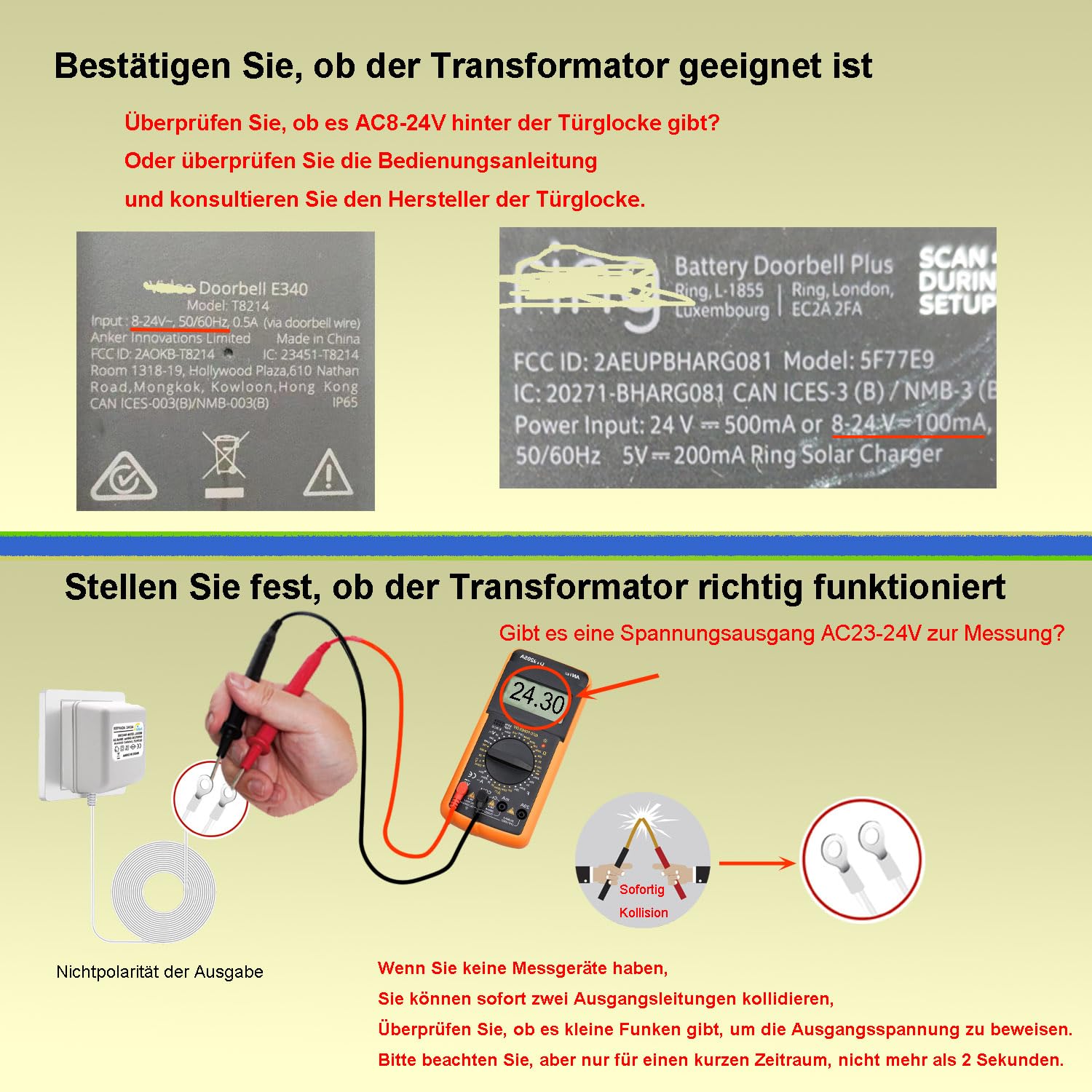 Transformateur d'alimentation pour sonnette, adaptateur 24V 500MA pour sonnette vidéo, convient à ring, Arlo, Nest, Eufy et la plupart des autres sonnettes vidéo (câble d'extension 5M Noir)
