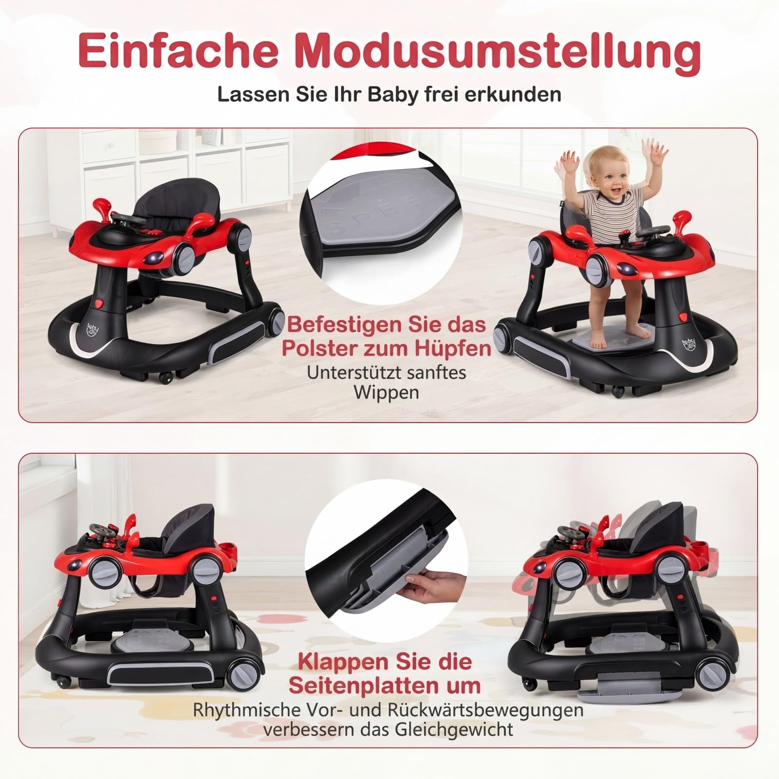 GIANTEX 7 en 1 Trotteur Bébé, Trotteur Marche Bebe Évolutif Pliable, 3 Hauteur Réglable, Capote&Tapis de Saut Amovibles, Roues Contrôle Vitesse et Sonores&Lumière, 7-18 Mois, Charge 12KG (Noir+Rouge)