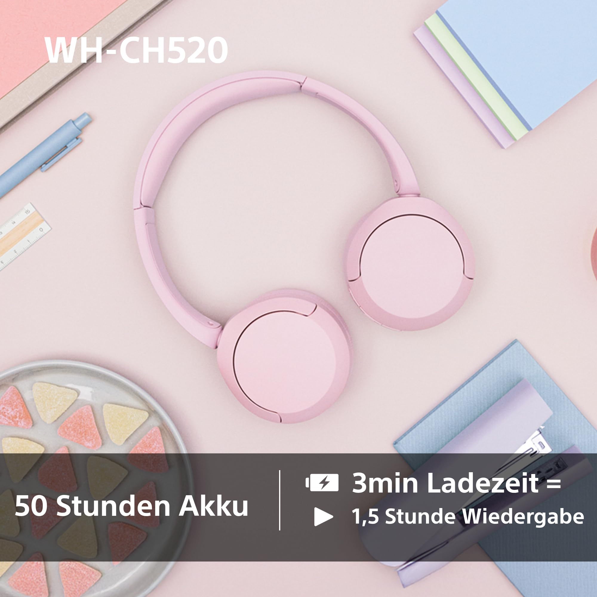 Sony WH-CH520 Wireless Bluetooth On-Ear Headphones, High Sound Quality, Lightweight Design, Up to 50 Hours Battery Life, Fast Charge, EQ, Clear Talk Quality, iOS & Android - Beige - 4