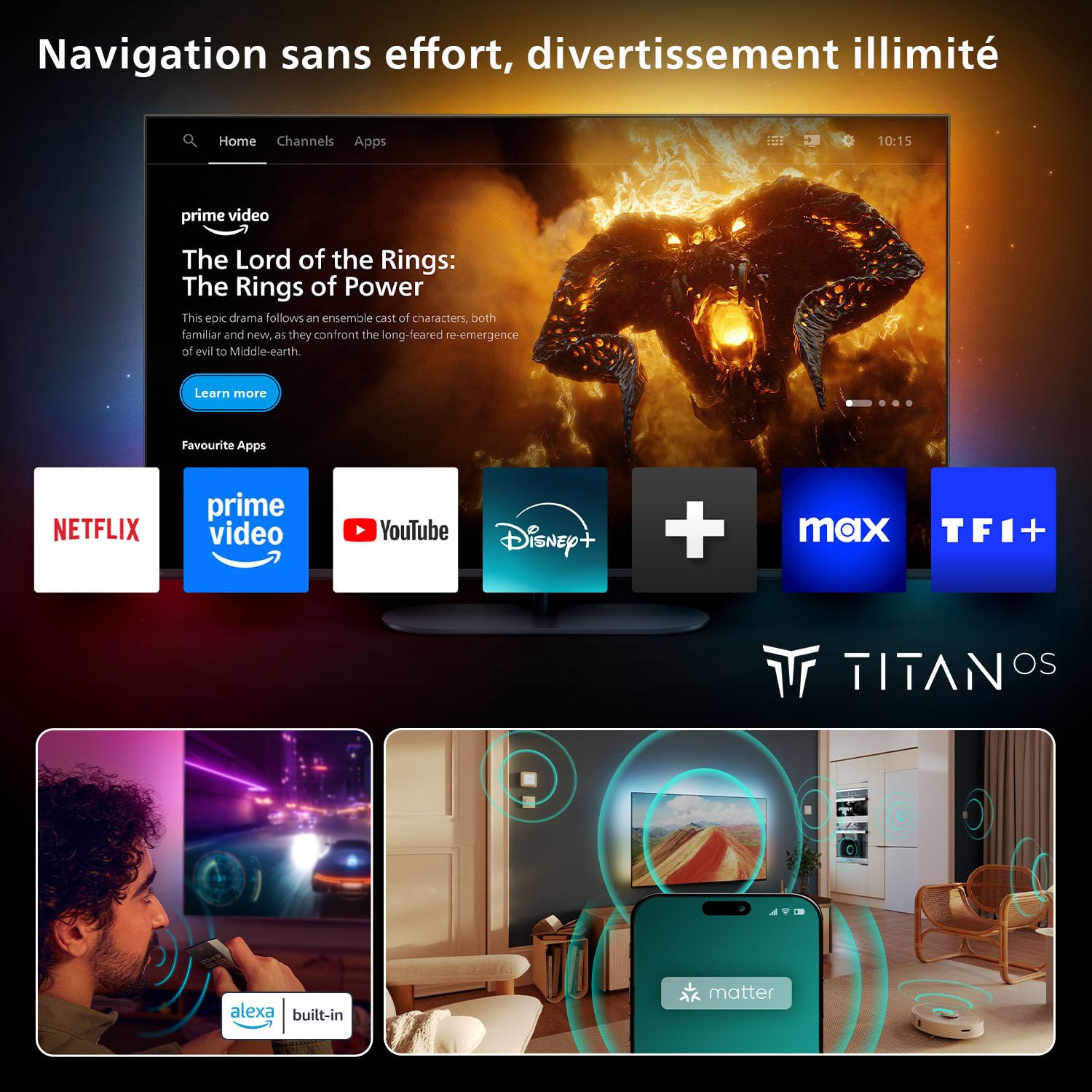 Philips 65MLED810 Mini LED 4K Smart TV - Écran 65 Pouces avec P5 Perfect Picture Engine Ultra HD, Titan OS, Dolby Vision et Son Dolby Atmos