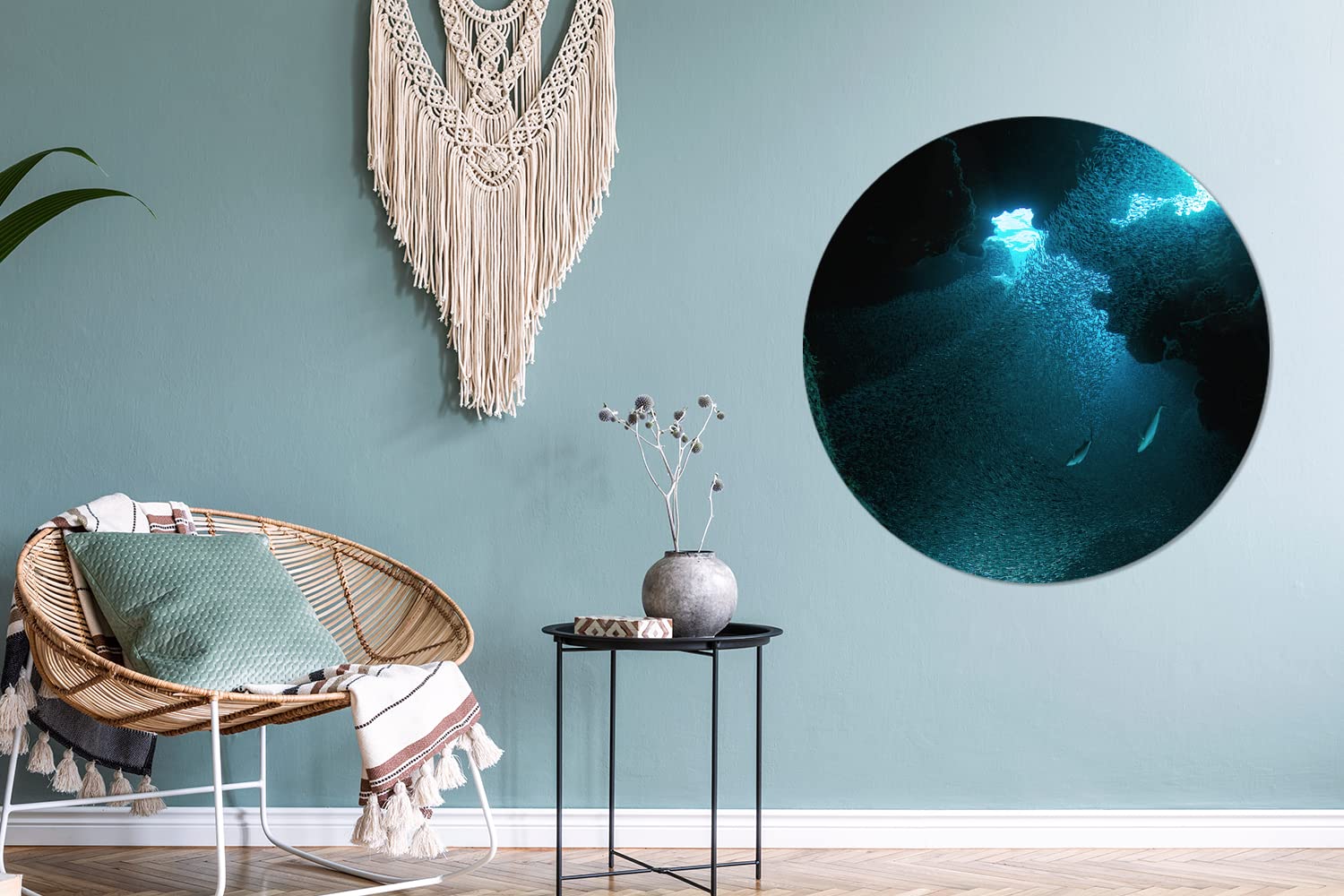 MuchoWow Wandbild Rund Wanddeko Deko Wohnzimmer Bilder 90x90 cm Fische schwimmen in einer Höhle mit stechendem Sonnenlicht auf Grand Cayman