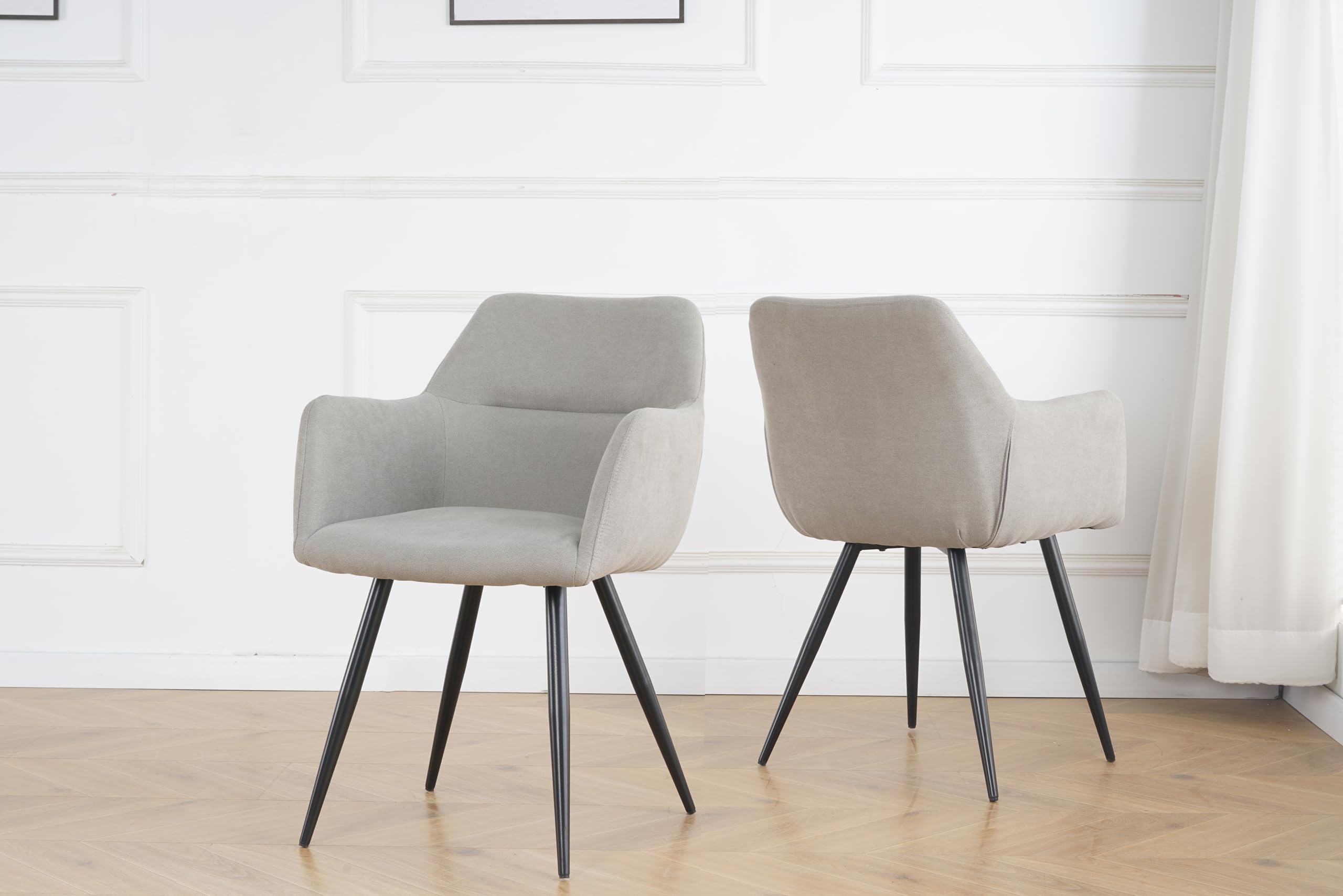 Pack de 2 Sillas de Comedor en Lino Gris Claro – Sillas Ergonómicas, Confortables y Acolchadas con Reposabrazos – Respaldo Curvado y Patas de Metal Negro – Diseño Elegante para Cocina, Salón y Comedor