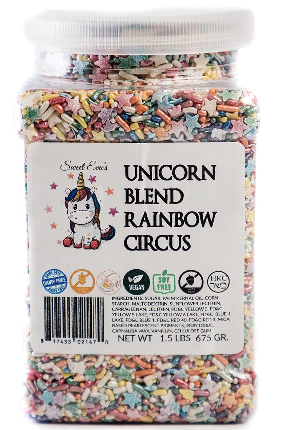 UNICORN BLEND RAINBOW CIRCUS -Gluten-free,Egg Free,Nuts Free,Kosher,Sprinkle Medley Mix,For Baking,Decorating,Cookies,Cupcakes,Cakes,Topping,Jimmies,Large,Bulk Candy,Sugar Shapes,Shimmer And Shine