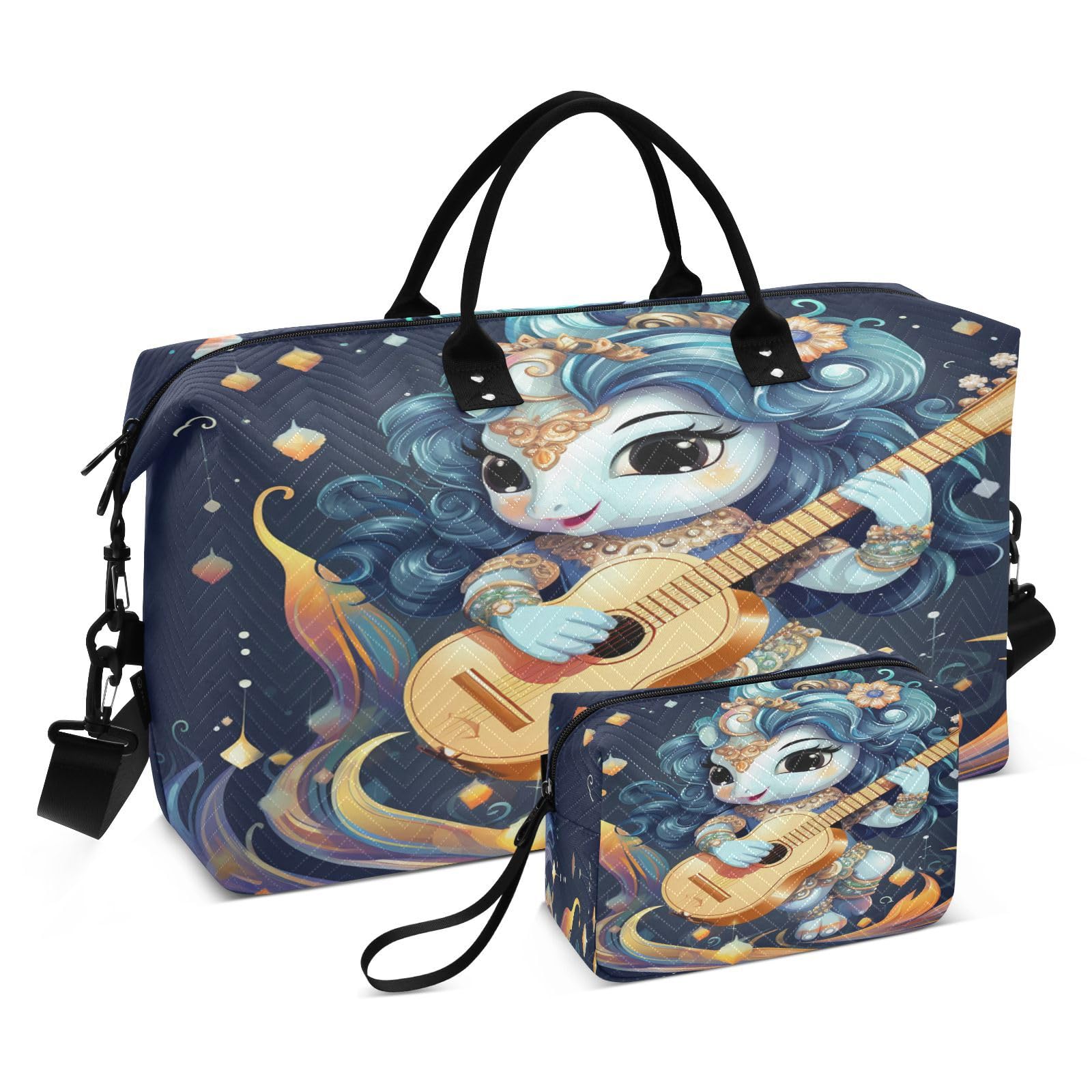 Cute Guitar Unicorn Sports Swim Gym Bag Weekender Duffel Travel Bags Handbag with Makeup Storage Bag for Girls Men