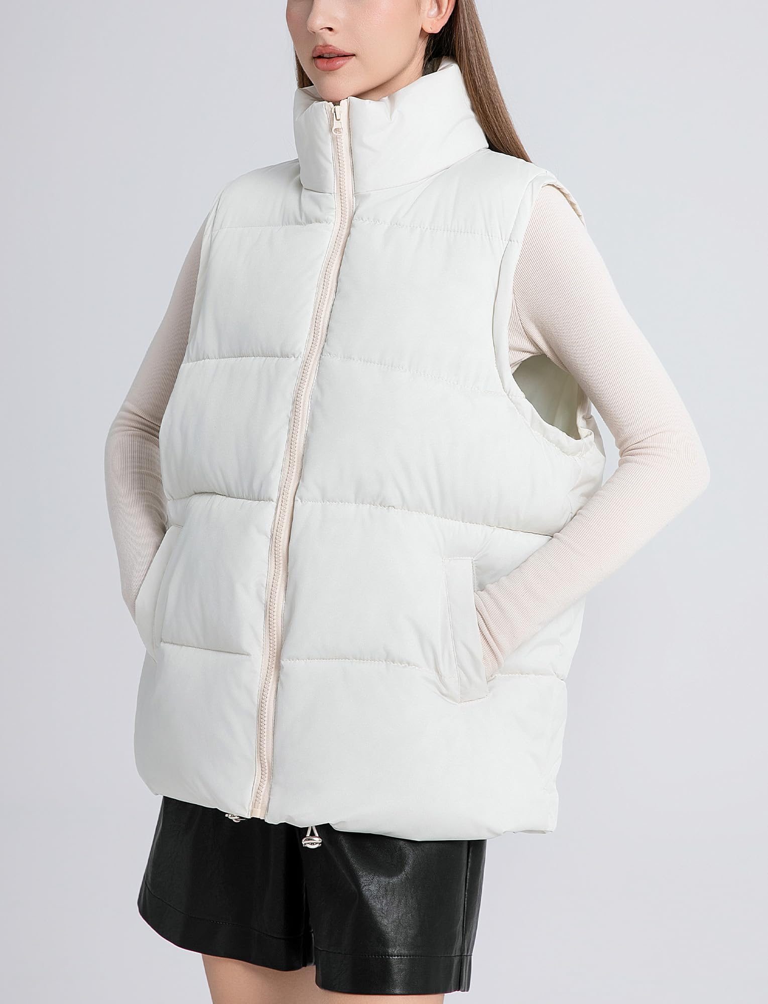 FEOYA Gilet matelassé pour femme avec col rembourré - Veste d'hiver sans manches coupe-vent avec poches