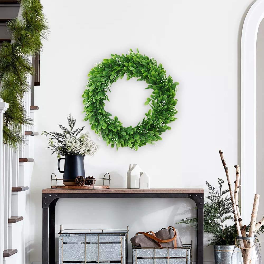 Künstliche Buchsbaumkranz Grüne Blätter Haustür Kranz Im Freien Grünen Kranz für Haustür Hängen Wand Fenster Hochzeit Party Decor (30cm)