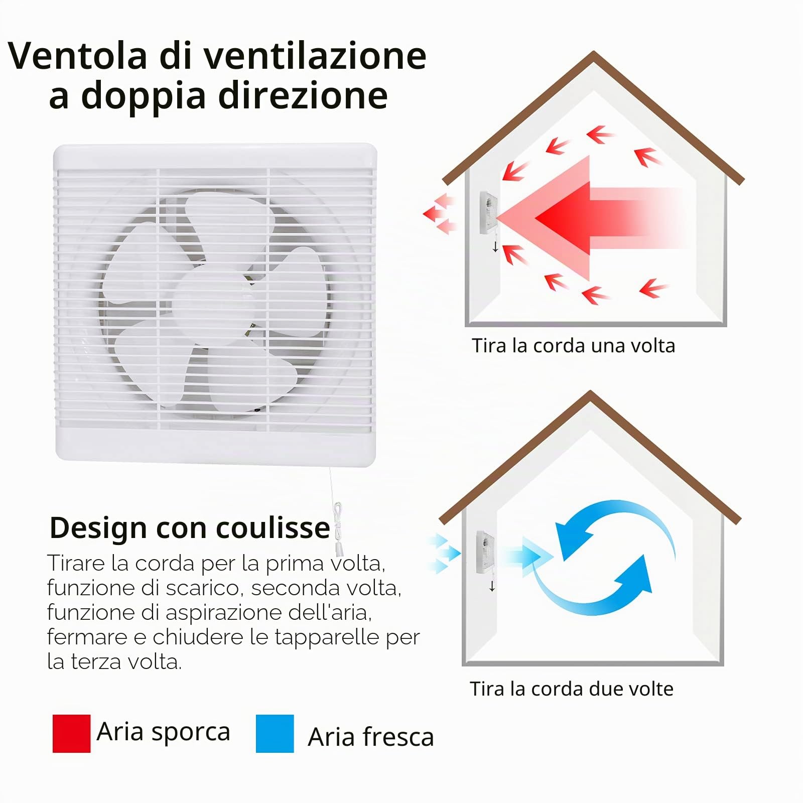Ventilatore di Scarico 500m³/h 2 Direzioni Reversibile Forte flusso d'aria Parete Montato Ventilatori, Utilizzati Per Ventilazione Ventilatori per Cucina, Bagno, Windows Loft e Cantina(8 pollici)