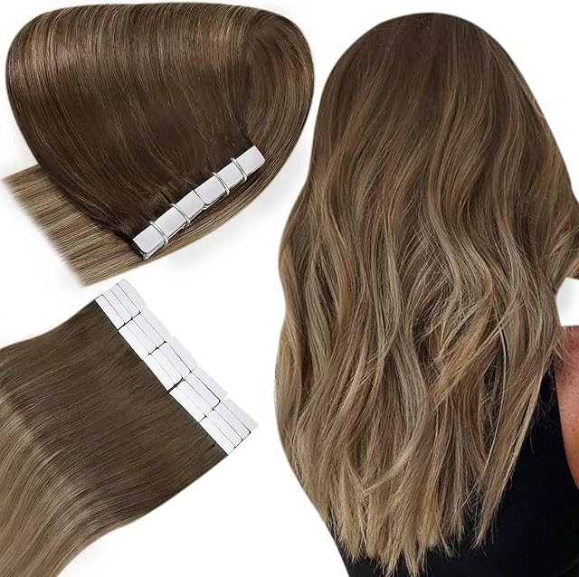 Easyouth Ombre Tape in Hair Extensions Human Hair Balayage Brown to Ash Blonde Tape in Extensions 16 Inch 40g 20Pcs Glue in Hair Extensions Remy Natural