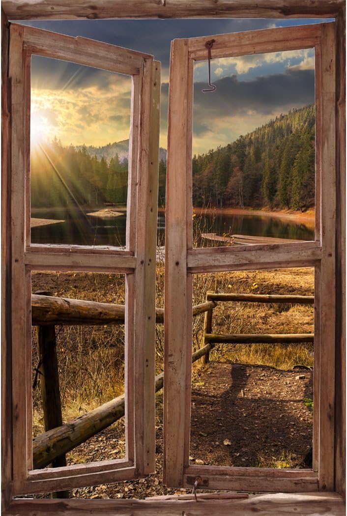 RoyalWallSkins Window Wall Mural Near the Mountain at Sunset, Peel and Stick Fabric Illusion 3D Wall Decal Photo Sticker