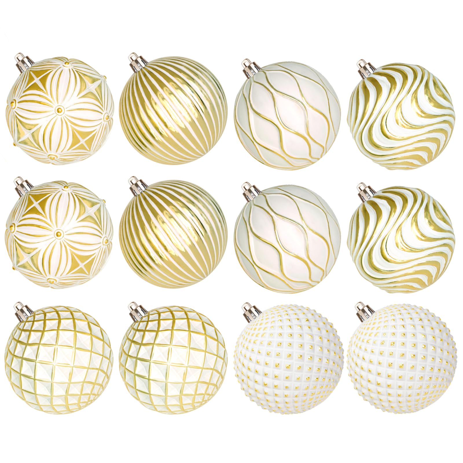 Lanpn 12 Pz 10cm Palle di Natale Grandi, Palline Natalizie Giganti All'aperto, Palle Retrò di Albero Natale con Rilievo Motivi, Decorazioni Palline Infrangibili per Cortile Terrazza, Bianco & Oro