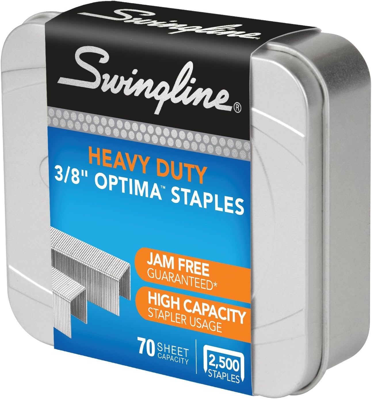 Swingline Staples, Optima, High Capacity, 3/8" Length, Jam Free, 125/Strip, 2500/Box, 1 Box (35550)