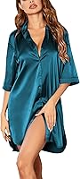 Ekouaer Women's Satin Nightshirt Button Down Sleepshirt 3/4 Sleeve Boyfriend Nightgown S-3XL