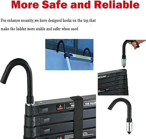 Miniatura 5 de Escalera telescópica de 16.5 pies, escalera telescópica de aluminio con 2 ganchos de capacidad máxima de 330 libras, con pies antideslizantes,