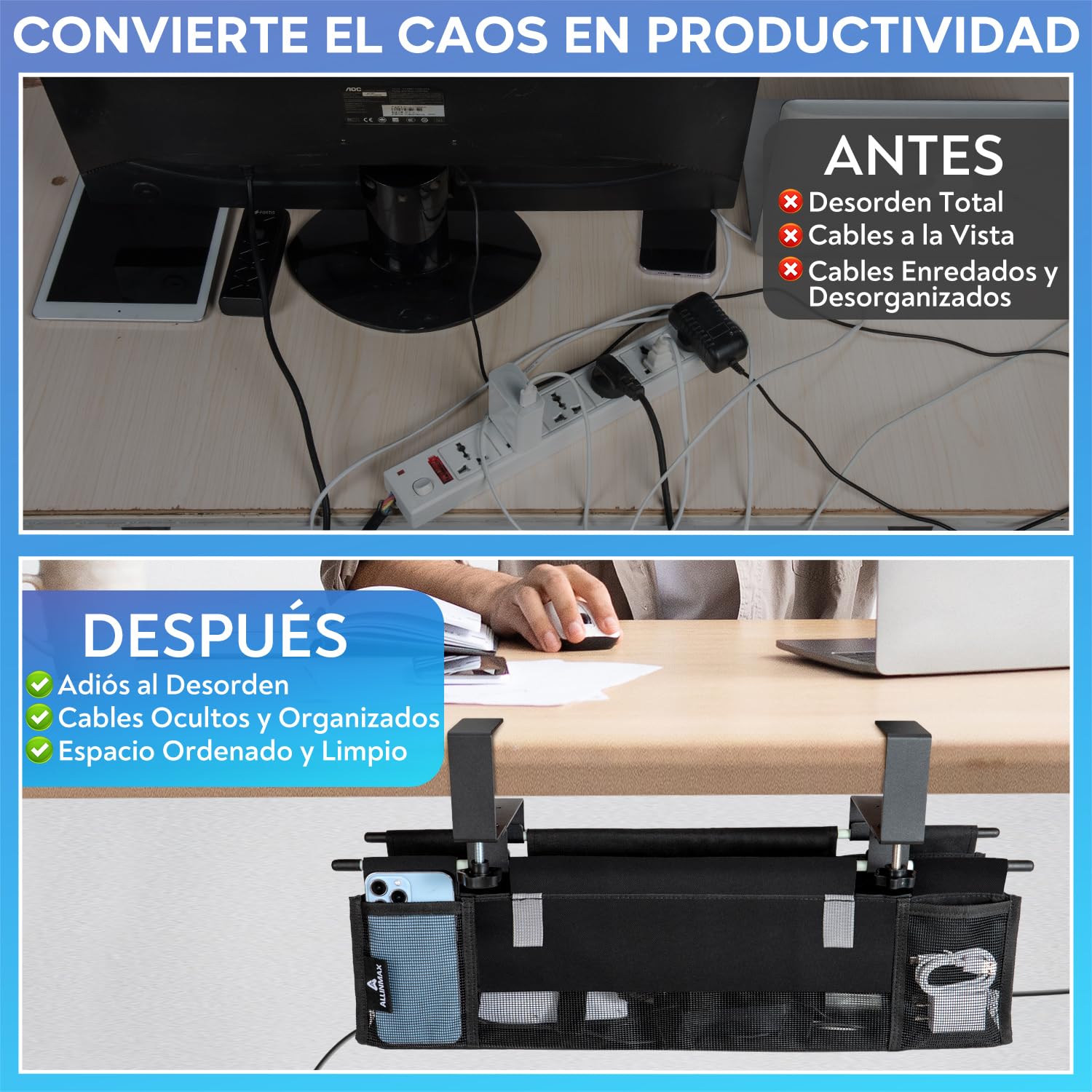 Organizador de Cables Escritorio de Tela, Montaje con Abrazadera o Tornillos, Bandeja Cables Escritorio Que Recoge, Organizer y Ocultar, Management Under Desk Kit para Oficina en Casa — view 4
