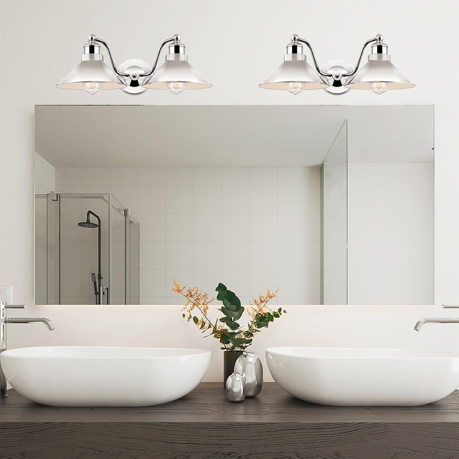 Kira Home Welton 19" 2-Light Modern Farmhouse Vanity Light with Dual Funnel Shades, Industrial Wall Sconce Bathroom Light, Polished Nickel Finish