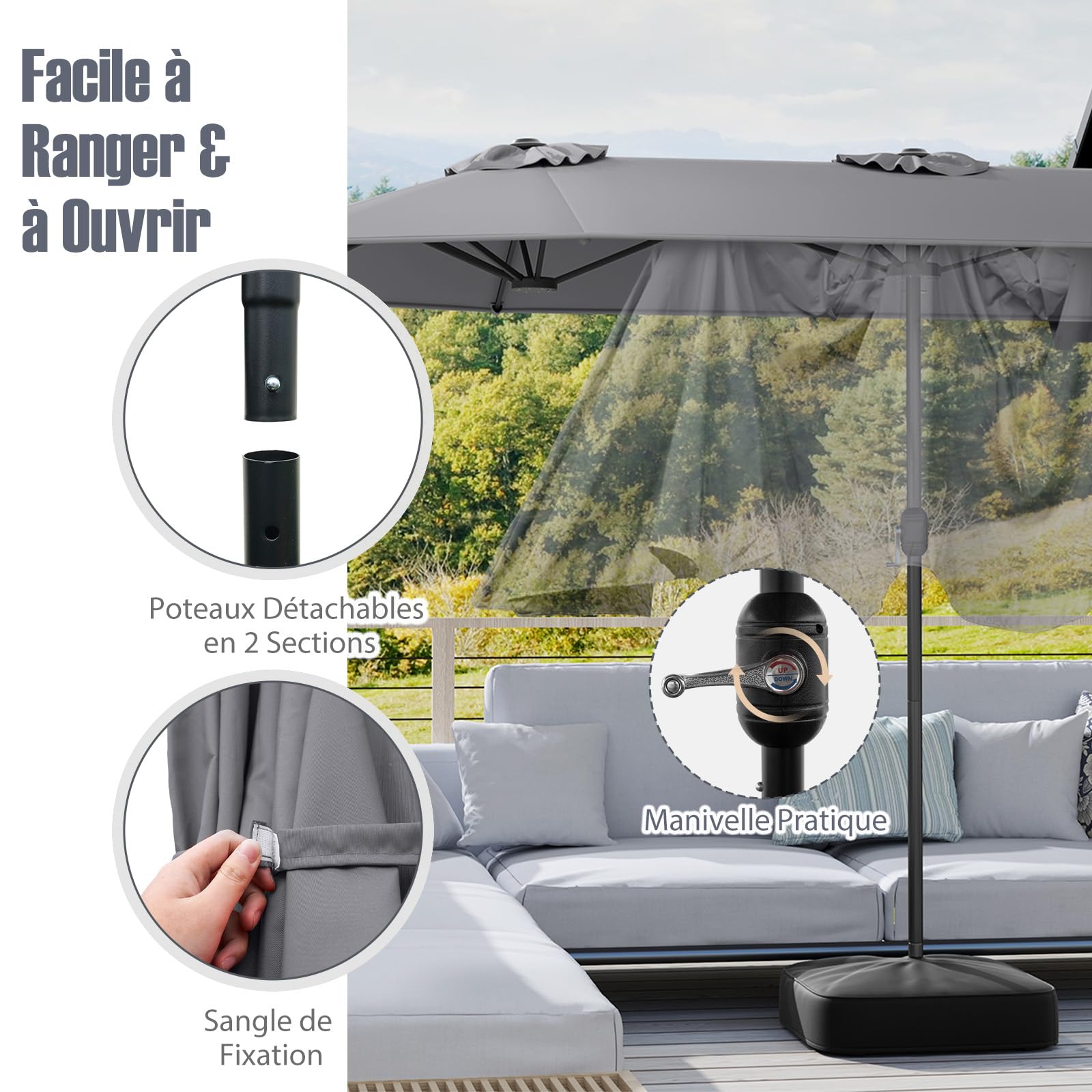 RELAX4LIFE Grand Parasol de Jardin Extérieur avec Pied | Parasol Double Terrasse à 12 Baleines | Manivelle | Polyester Résistant | Verrou de Sécurité | Protection UV pour Piscine Patio Marché (Gris)