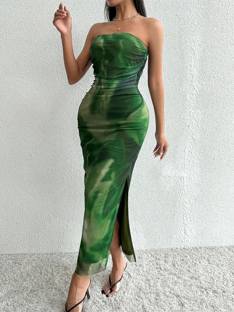 LIGHT DOT Women's Bodycon Ruched Tube Dress Strapless Tie Dye Dress Wedding Guest Date Party