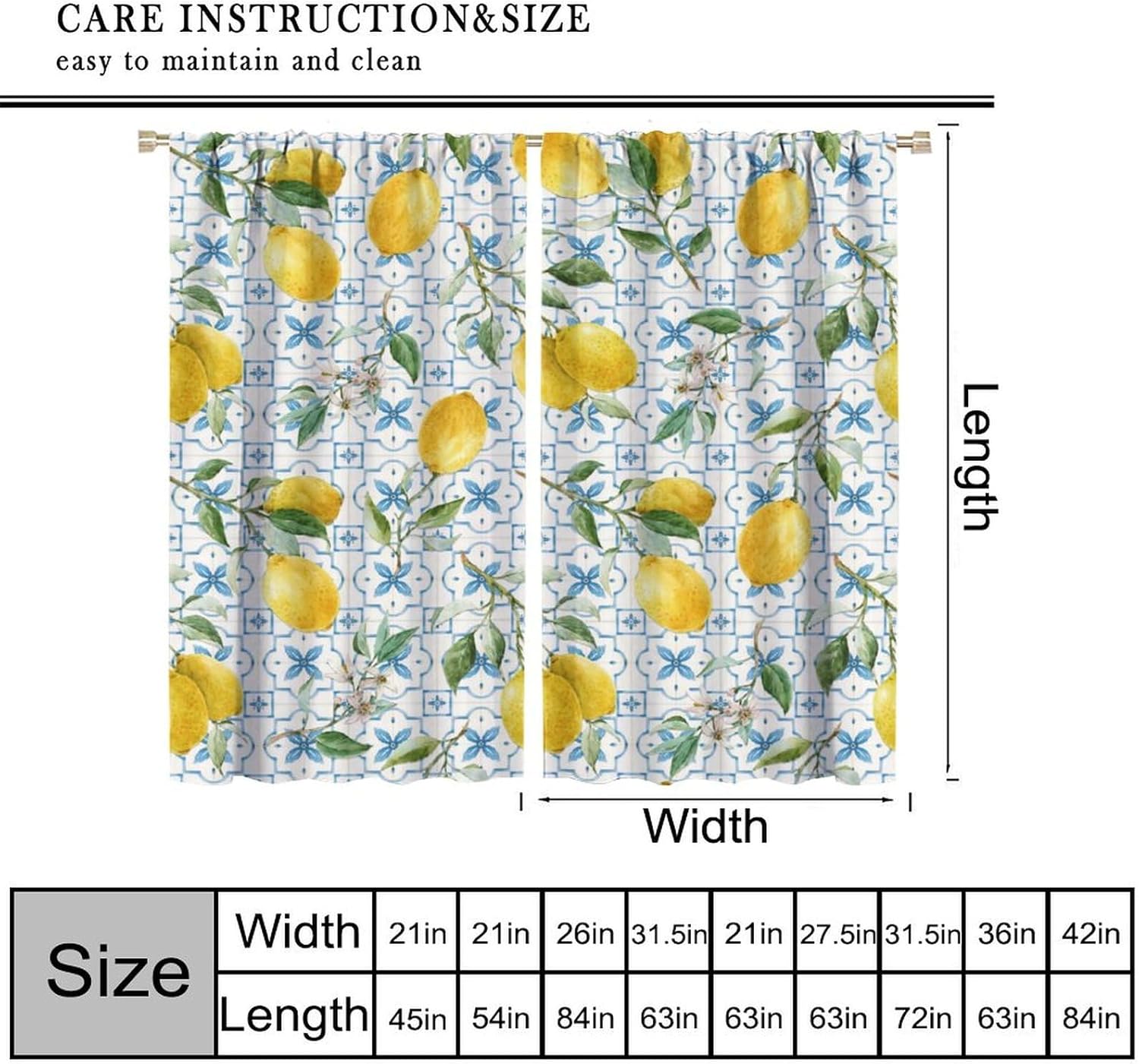 Blue Tile Lemon Blackout Curtains,Boho Hand Painted Watercolor Vintage Rustic Farmhouse Lemon Fruit Green Leaves Print Rod Pocket Window Treatments Drapes for Bedroom Kitchen 42x63in