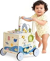 ROBOTIME Wooden Baby Walker for Toddlers 10M+: Adjustable Height, Speed Brake, Montessori Ocean Activities, Music & Storage