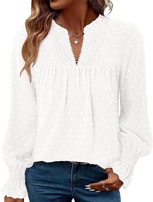 BETTE BOUTIK Women Boho Long Sleeve Shirts Dressy Casual V Neck Fall Fashion Tops Swiss Dot Flowy Blouses