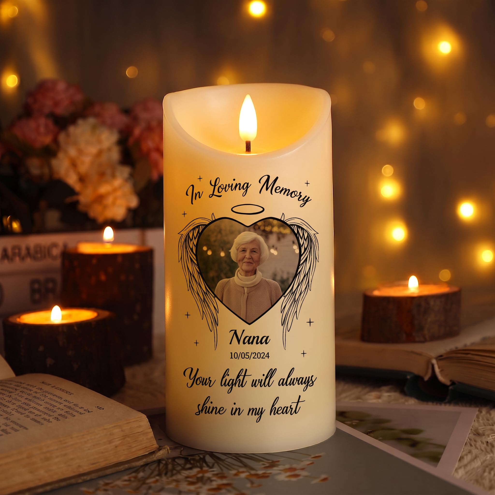 Personalised Memorial LED Candle with Photo Name and Date Battery Operated Remembrance Candle for Loved One or Pet, in Loving Memory Bereavement Gift