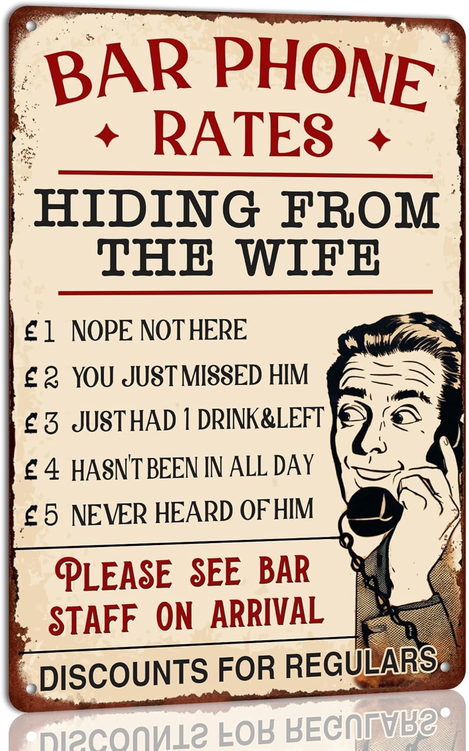 Educational Posters Bar Phone Rates Hiding From The Wife Metal Vintage Tin Sign Funny Bar Decor Retro Wall Decoration For Cafe Bars Restaurants Man Cave Home Retro Plaque 6X8 Inch