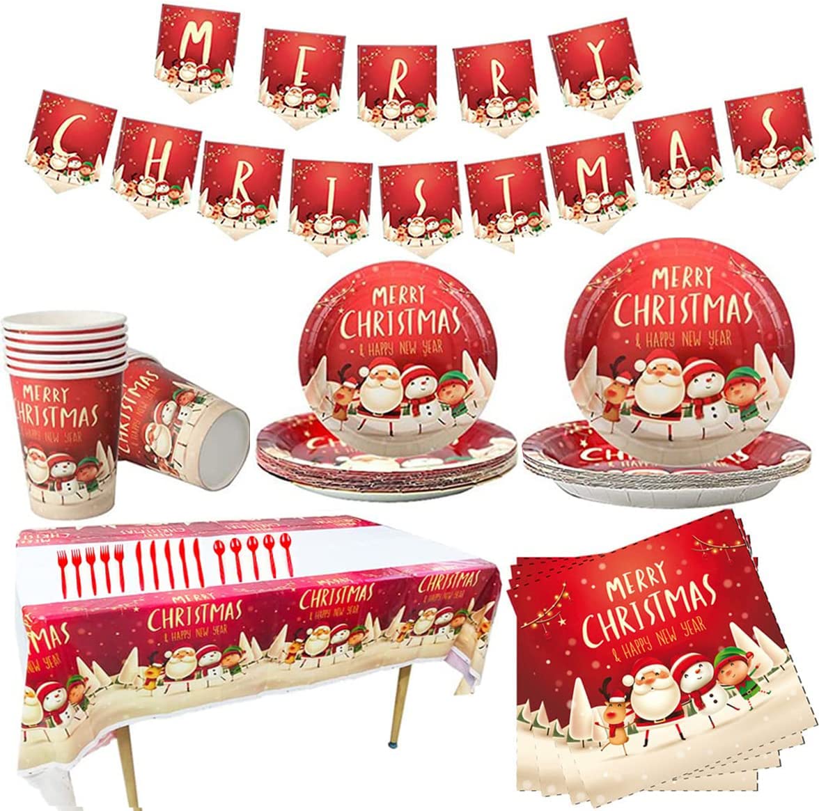 MoonmanParty Supply Set Disposable Christmas Tableware (Serves 16) Foil Paper Plates Napkins Cups Straws for Weddings, Anniversary, Birthday, Red