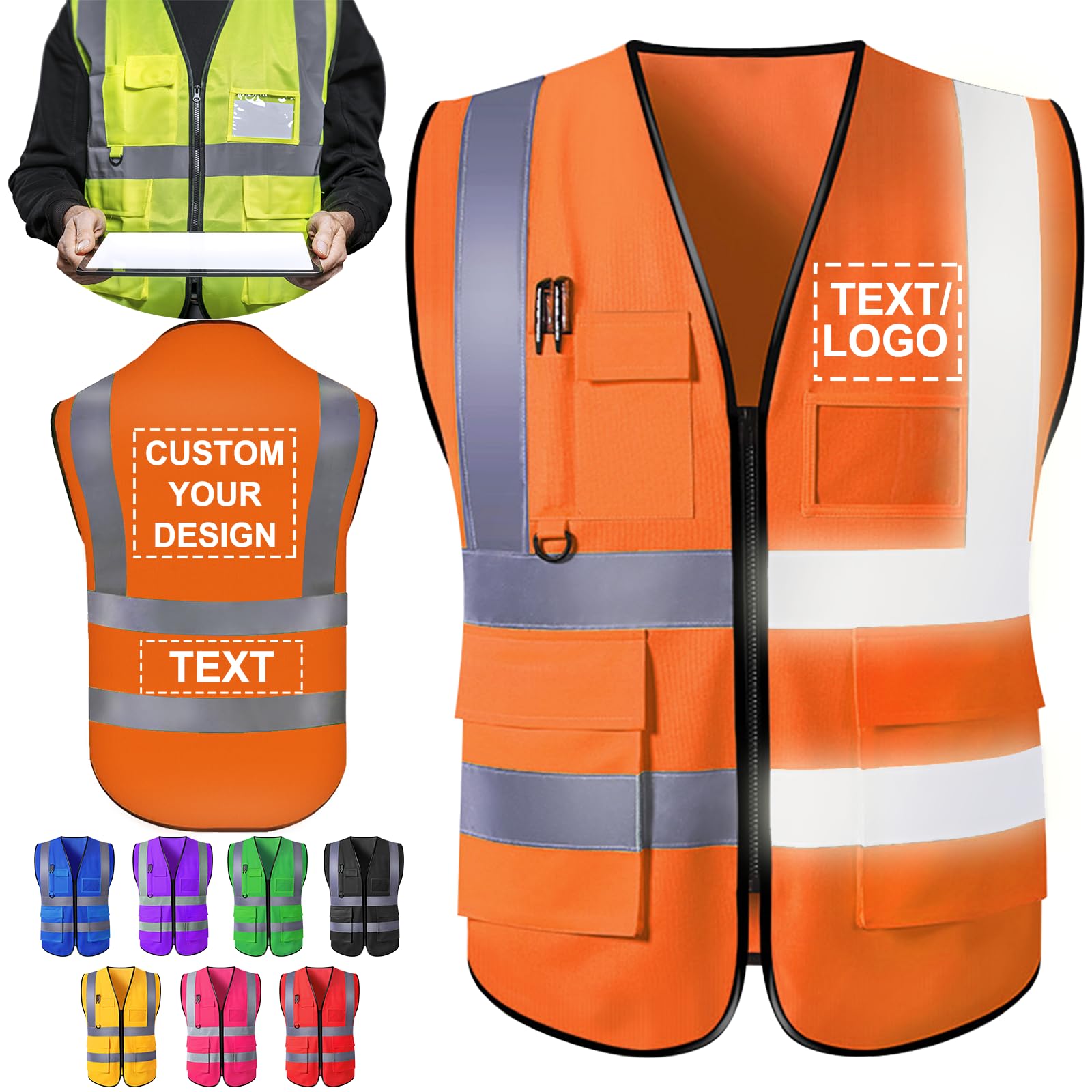 ShAxzHen Custom Safety Vest for Men Woman with Logo Pockets Personalized High Visibility Protective Workwear With Reflective Strip Orange 2XL