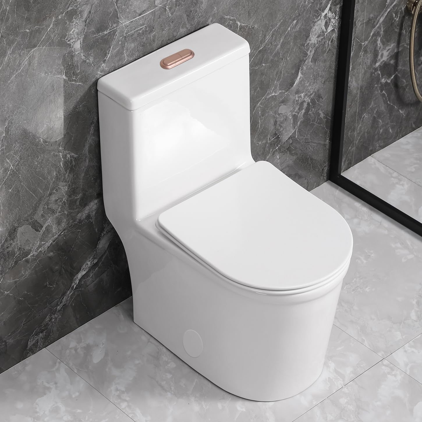 SouNor One Piece Small Compact One Piece Toilet For Modern Bathroom With Rose Gold Button 12