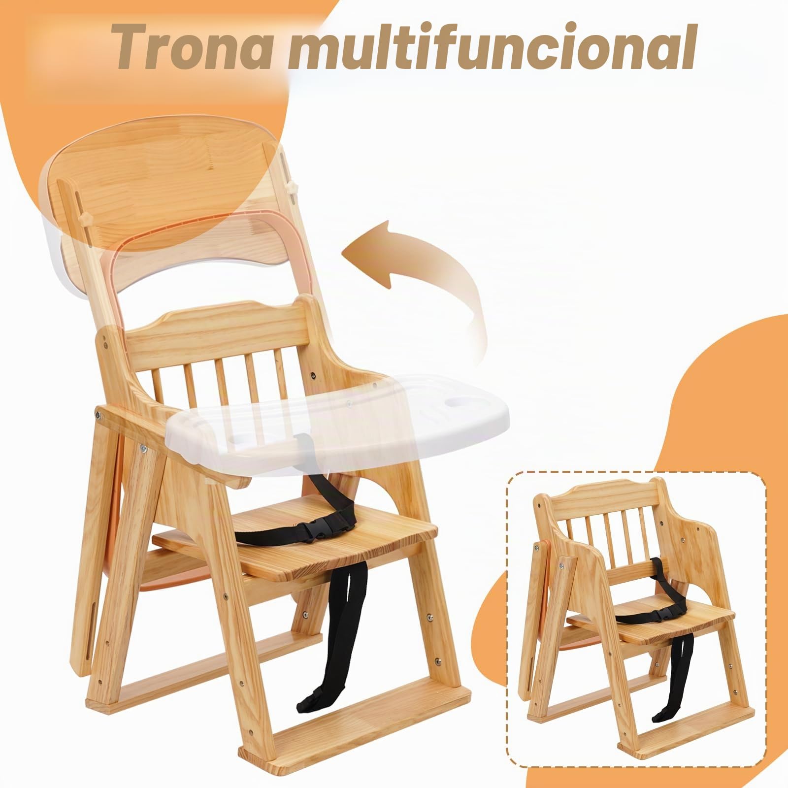 Trona bebé de Madera 4 en 1, Silla de Bebé para Comer con Altura Ajustable, Bandeja Desmontable, Asiento con Cinturón 3 Puntos, De 6 meses a 10 años, Madera natural